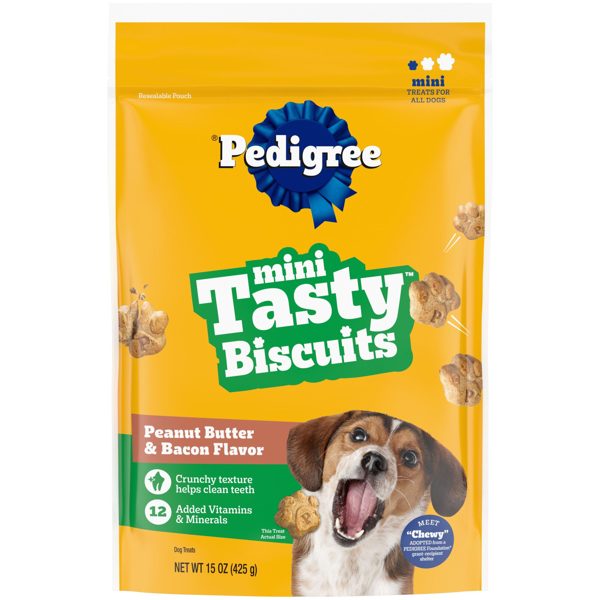 Pedigree Tasty Biscuits Mini Dog Treats, Peanut Butter & Bacon Flavor, 15-oz Bags (4 Pack)