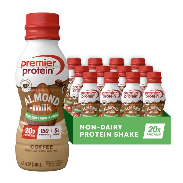 Premier Protein Almondmilk Non-Dairy Protein Shake, 20g Protein, 5g Sugar, 11.5 Fl oz, Coffee, 12 Count