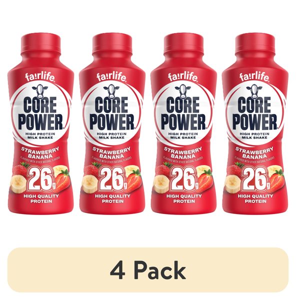 (4 pack) Core Power Protein Shake, Strawberry Banana, 26g Bottle, 14 fl oz