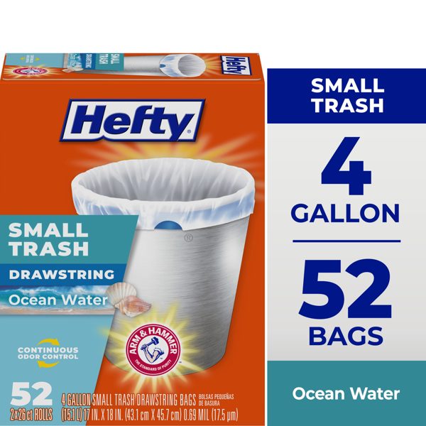 Hefty Small Trash Bags, Ocean Water Scent, 4 Gallon, 52 Count