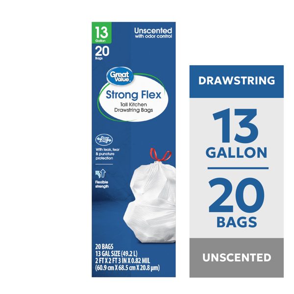 Great Value 13 gal Strong Flex Tall Kitchen Drawstring Bags, Unscented, 20 Bags