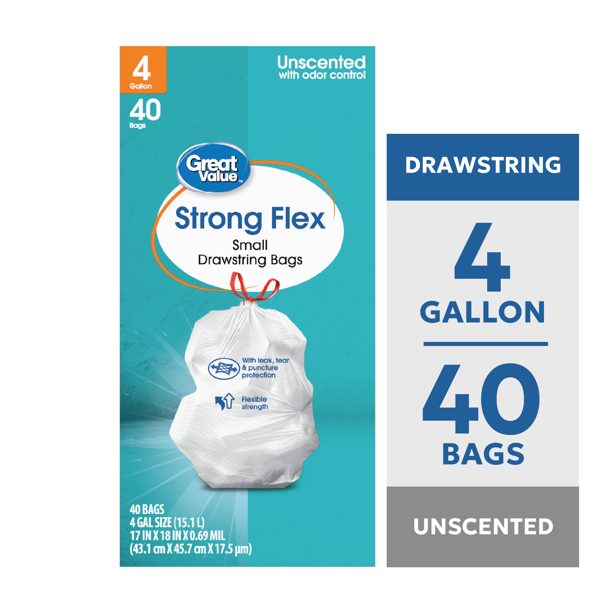 Great Value 4 Gallon Strong Flex Small Drawstring Garbage Bags, 40 Bags