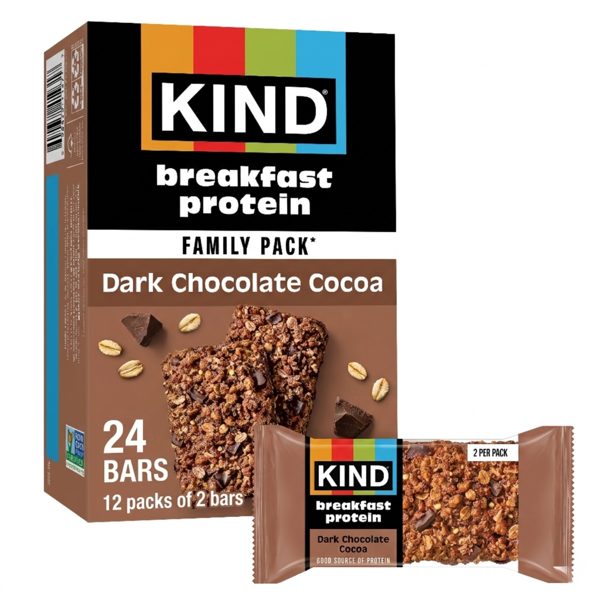 KIND Breakfast Protein Bars, Dark Chocolate Cocoa, Gluten Free, 8g Protein, 12 Packs