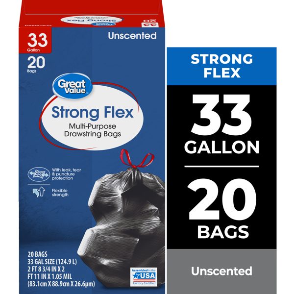 Great Value Strong Flex Multi-Purpose Drawstring Trash Bags, 33 gal, 20 Bags