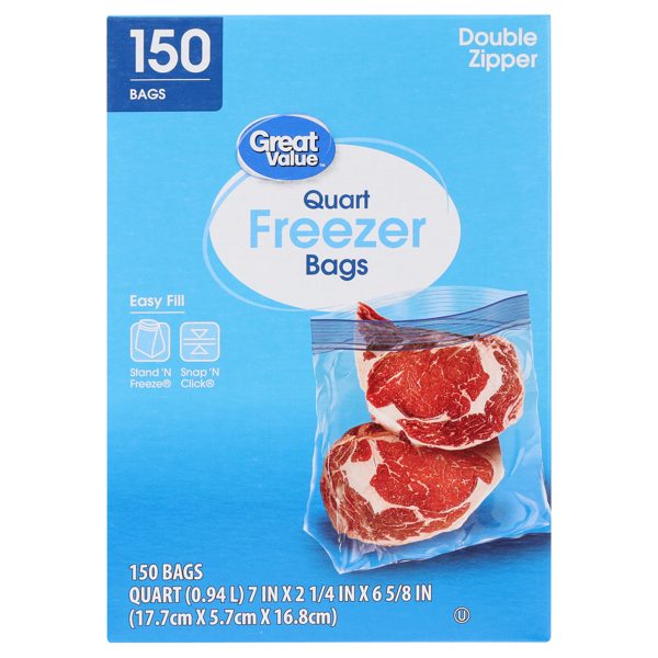 Great Value Double Zipper Quart Freezer Bag, 150 Count