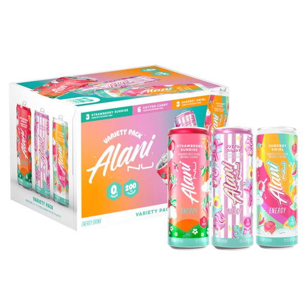 Alani Nu, Variety Pack Cotton Candy, Straw Sunrise, Sherbert Swirl, 12 fl oz, pack of 12