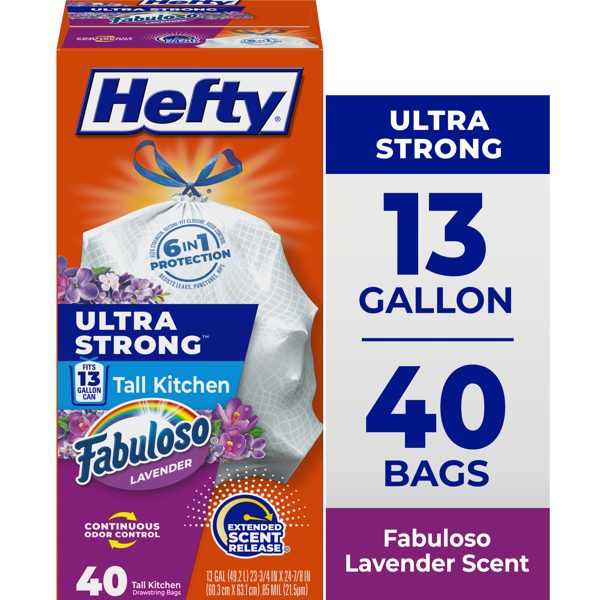 Hefty Ultra Strong 13 Gallon Trash Bags, Tall Kitchen Trash Bags, White, Fabuloso Lavender Scent, 40 Bags