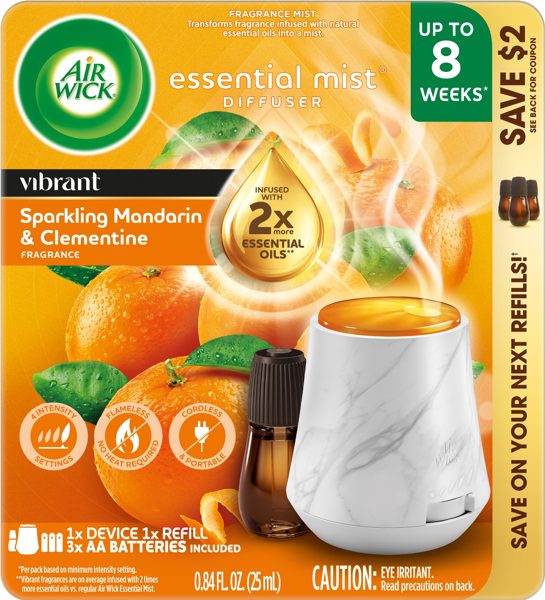 Air Wick Essential Mist Vibrant Scented Oil Cordless Oil Diffuser Kit, Sparkling Mandarin & Clementine, 2 Piece