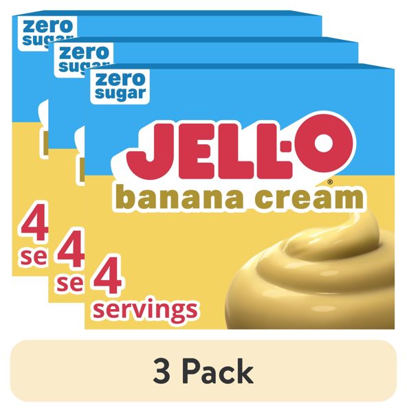 (3 pack) Jell-O Banana Cream Zero Sugar Instant Reduced Calorie Pudding & Pie Filling Mix, 0.9 oz Box