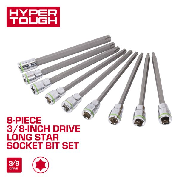 Hyper Tough 3/8-Inch Drive Long Star Socket Bit Set, 9 Pieces