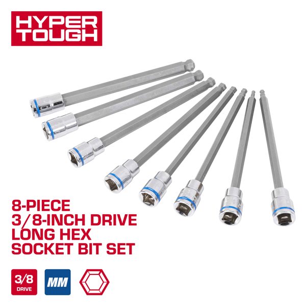 Hyper Tough 8-Piece 3/8-inch Drive Long Hex Socket Bit Set (mm)