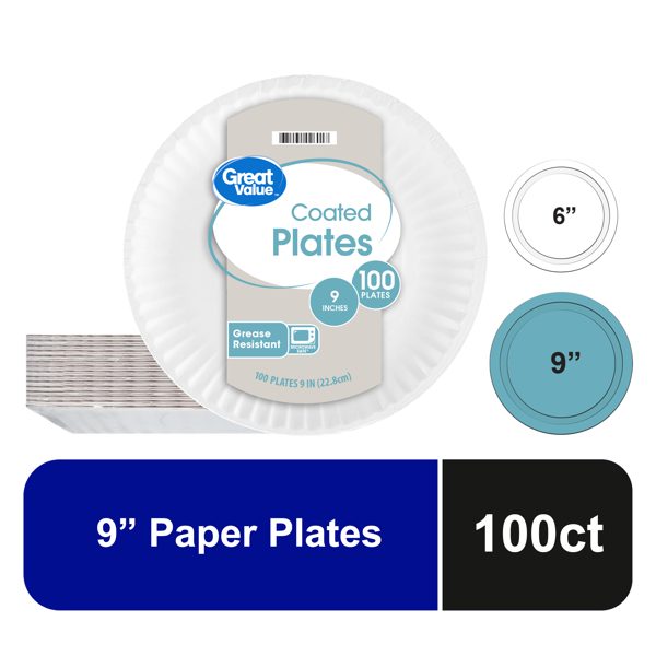 Great Value Coated Disposable Paper Plates, 9 in, 100 Count