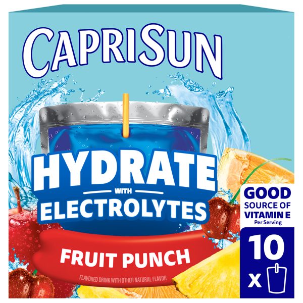 Capri Sun Hydrate with Electrolytes Flavored Drink with Other Natural Flavor, 10 Pouches, for On-the-Go Hydration and School Lunches, Fruit Punch, Good Source of Vitamin E, 6 oz
