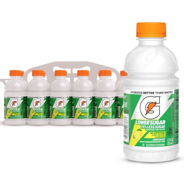 Gatorade Lower Sugar, No Artificials Lemonade Flavored Electrolyte Sports Drink, 12 fl oz Bottle, (12 pack), 75% Less Sugar, Hydration