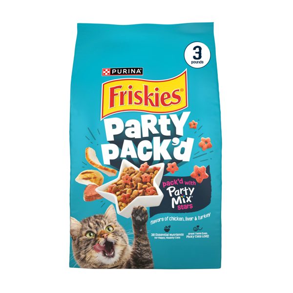 Purina Friskies Party Pack’d with Flavors of Chicken, Liver and Turkey Crunchy Dry Cat Food, 3 lb