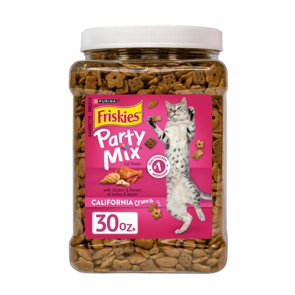 Purina Friskies Party Mix California Crunch Chicken, Turkey, & Bacon Flavor Crunchy Treats for Cats, 30 oz Canister
