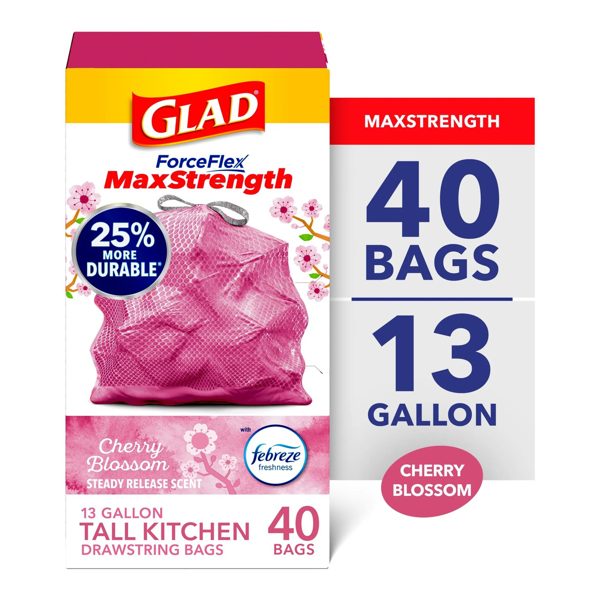 Glad ForceFlex MaxStrength 13-Gallon Pink Drawstring Tall Kitchen Trash Bags, Febreze Freshness Cherry Blossom Scent, 40 Bags