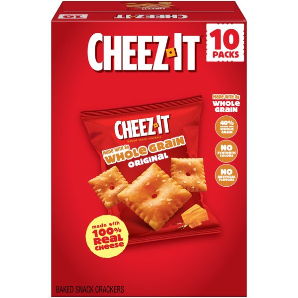 Cheez-It Baked Snack Crackers, Made with Whole Grain, Lunch Snacks, Original, 10oz Box (10 Pouches)