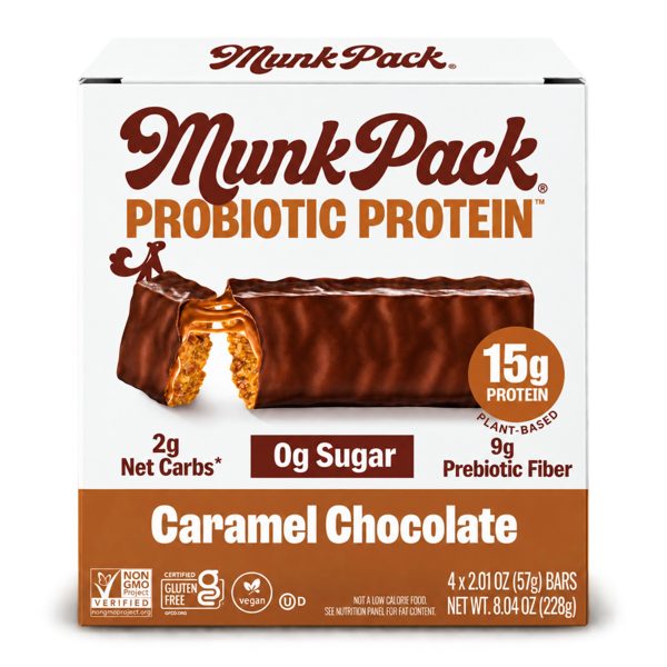 MUNK PACK Probiotic Protein™ Bars - Caramel Chocolate - 15g Protein - Sugar Free - High-Fiber Vegan Snacks - 4 Count Box