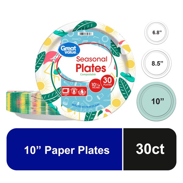 Great Value Seasonal Disposable Paper Plates, 10 in, 30 Count