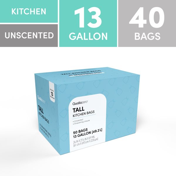 Qualiazero 13 Gallon Drawstring Trash Bag, 50pcs, Single Pack, Unscented