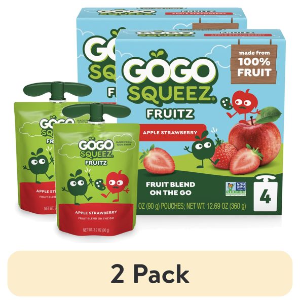 (2 pack) GoGo squeeZ No Sugar Added Apple Strawberry Applesauce Pouches, 3.2 oz (4 Pack)