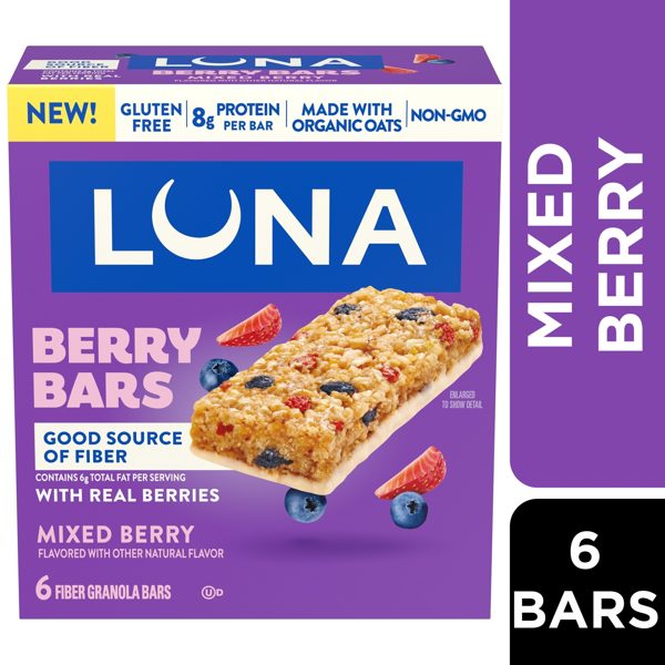 LUNA Berry Bars Mixed Berry Flavor Fiber Granola Bars, Gluten Free Protein Bars, 6 Count