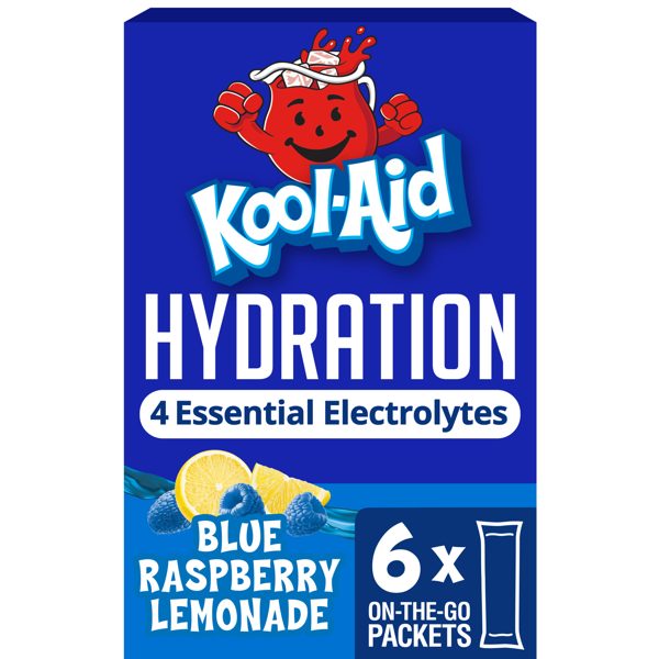 Kool-Aid Hydration Electrolyte Powder Drink Mix, 6 On-the-Go-Packets, for Easy and Flavorful Hydration, Blue Raspberry Lemonade Artificial Flavor, Zero Sugar, No Artificial Dyes, 1.32 oz Box