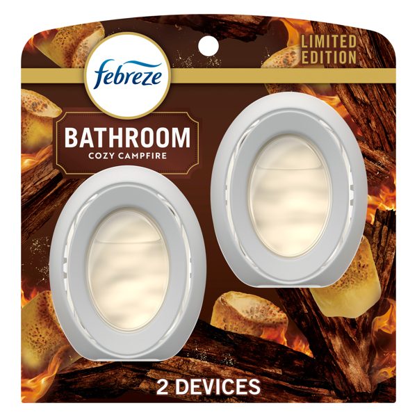 Febreze Odor-Fighting Bathroom Air Freshener for Small Spaces, Cozy Campfire Scent, 2 Count