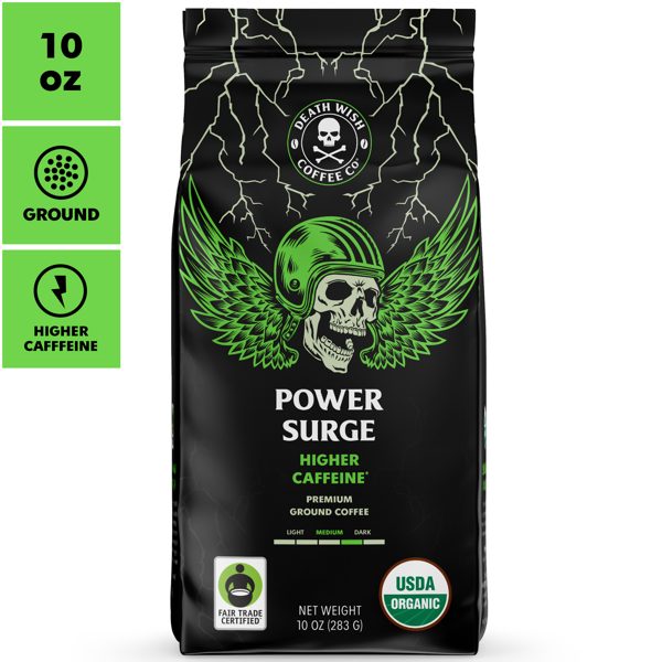 Death Wish Coffee Co., Power Surge, Higher Caffeine, Organic and Fair Trade™, Ground Coffee, Medium Dark Roast, 10 oz