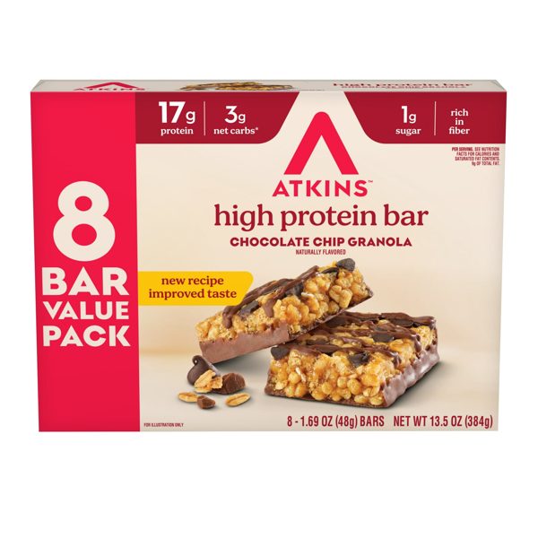 Atkins High Protein Bars, Chocolate Chip Granola Flavored, 17g of Protein, 3g Net Carbs, Value Pack, 8 Count