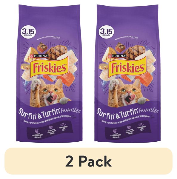 (2 pack) Purina Friskies Surfin and Turfin Favorites Dry Cat Food Flavors of Chicken, Whitefish, Salmon and Filet Mignon, 3.15 lb Bag