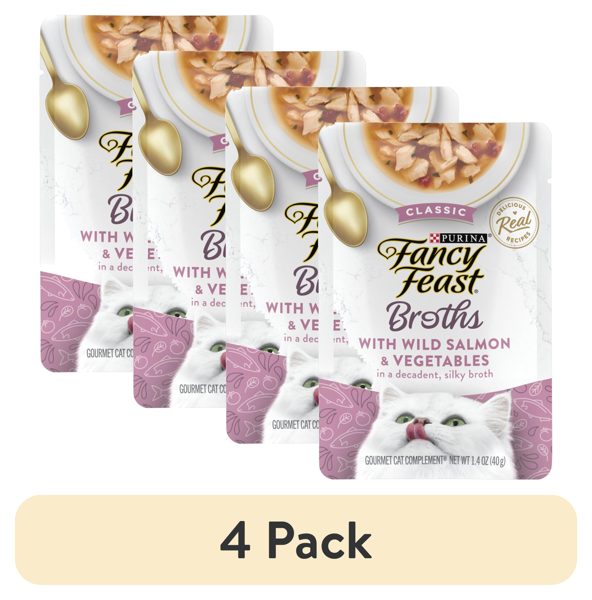 (4 pack) Purina Fancy Feast Classic Wild Salmon & Vegetables Broth for Cats, 1.4 oz Pouch