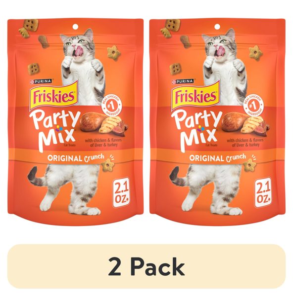 (2 pack) Purina Friskies Party Mix Original Crunch, Cat Treats, Chicken, Liver, & Turkey, 2.1 oz Bag