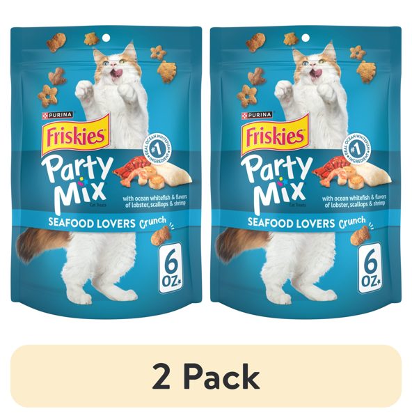 (2 pack) Purina Friskies Party Mix Seafood Lovers Crunch, Cat Treats, Scallop, Lobster, & Shrimp, 6 oz Bag, 6 Pack