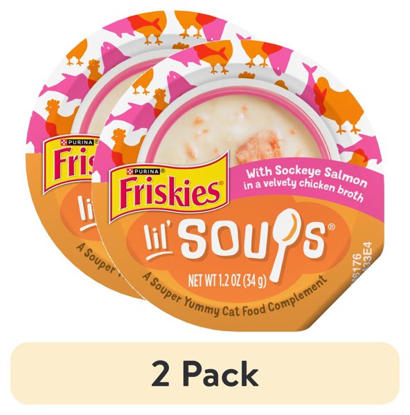 (2 pack) Purina Friskies Grain Free Lickable Cat Food Toppers Lil’ Soups With Sockeye Salmon in Chicken Broth, 1.2 oz Cups