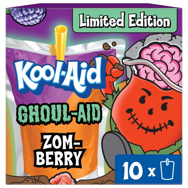 Kool-Aid Ghoul-Aid Artificially Flavored Drink, 10 Pouches, for School Lunches and On-the-Go Hydration, Zom-Berry Flavor, Excellent Source of Vitamin C, 6 fl oz