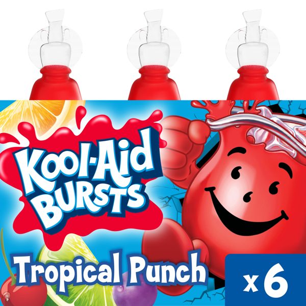 Kool-Aid Bursts Soft Drink, 6 Bottles, for School Lunches and On-the-Go Hydration, Tropical Punch Artificially Flavored, Caffeine Free, 6.75 oz