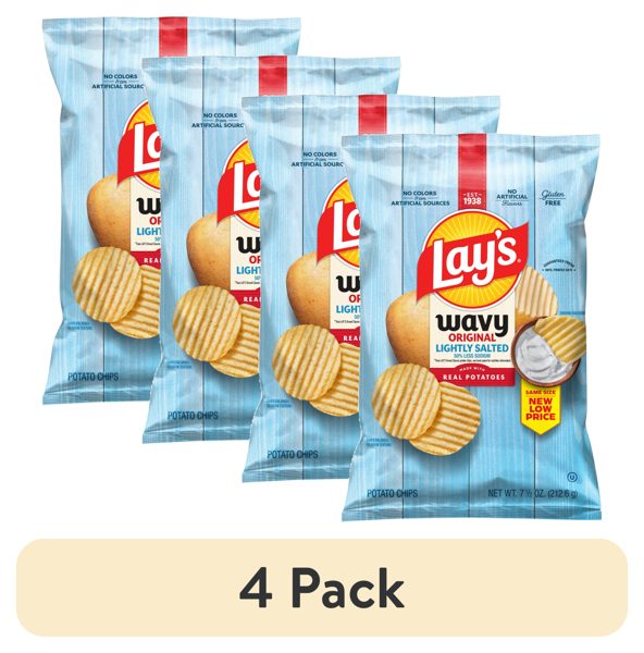 (4 pack) Lay's Wavy Potato Chips Lightly Salted Snack Chips, 7.5 Ounce Bag