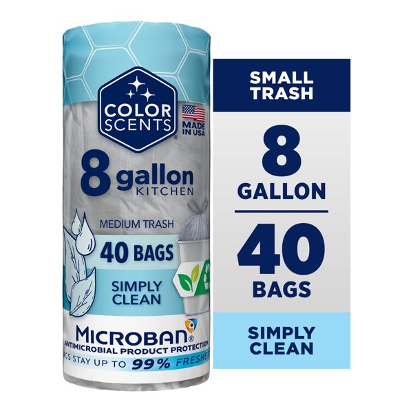 Color Scents Medium Drawstring Trash Bags with Simply Clean Scent, 8-Gallon, 40 Count, Microban Protection