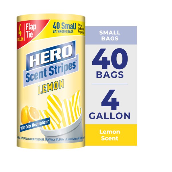 Hero Scent Stripes 4-Gallon, Lemon Scented, Small Flap Tie Trash Bags, 40 Count