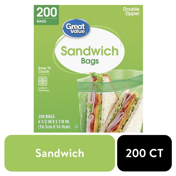 Great Value Sandwich Bags, Double Zipper with Snap'n Click, 200 Count