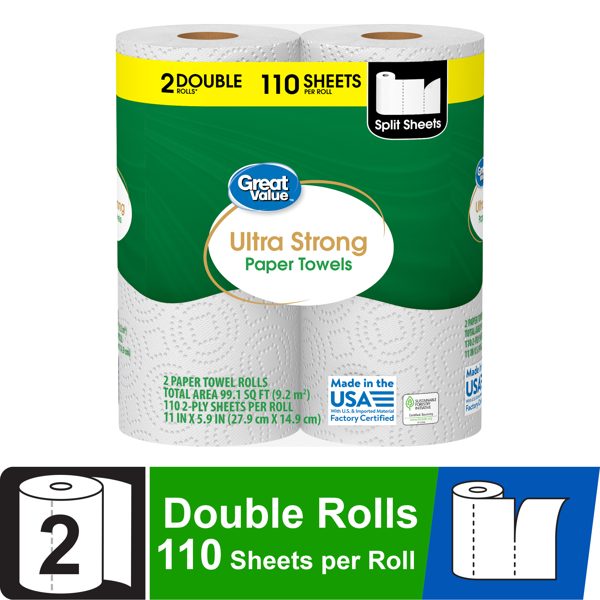 Great Value Ultra Strong Paper Towels, 2 Double Rolls