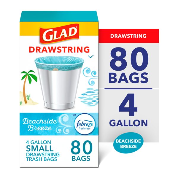 Glad 4-Gallon Blue Drawstring Small Kitchen Bags, Febreze Freshness Beachside Breeze Scent, 80 Bags