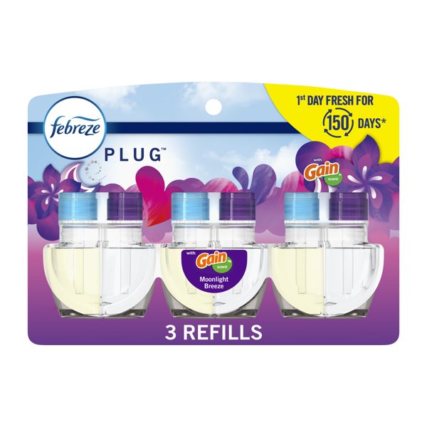 Febreze Plug In Air Freshener, Odor-Fighting Scented Oil Refill, Gain Moonlight Breeze, 3 Refills