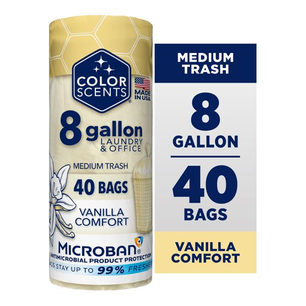 Color Scents 8 Gallon Laundry Room and Office Trash Bags Vanilla Flower Scent, Microban, Twist Tie, 40 Count