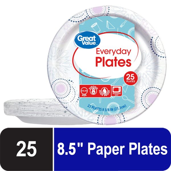 Great Value Paper Plates, 8.5", Patterned, 25 Count