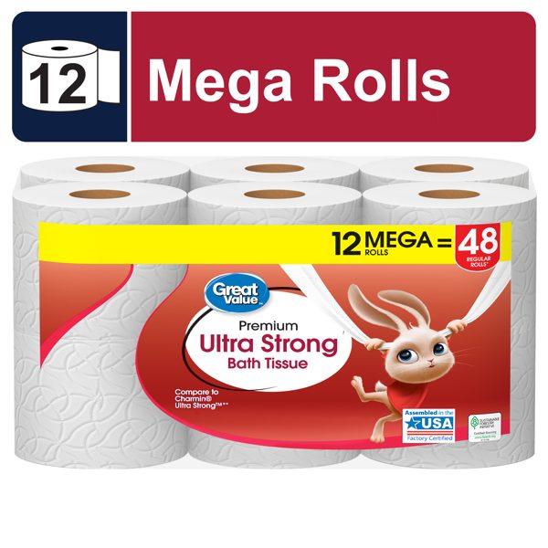 Great Value Ultra Strong 2-Ply Toilet Paper, 12 Mega Rolls, Compare to Charmin® Ultra Strong™
