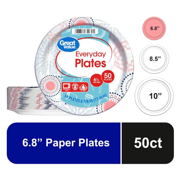 Great Value 6.8 inch Disposable Paper Plates, 50 Count, Multicolor Kaleidoscope Design