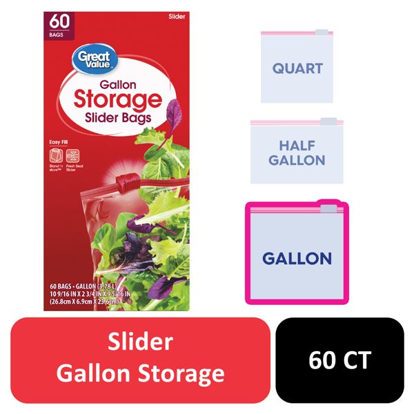 Great Value Fresh Seal Slider Zipper Storage Bags, 1 Gallon, 60 Count